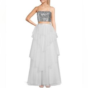 NWT City Vibe Sequin Spaghetti Strap Two-Piece Dress Silver/White Size 3